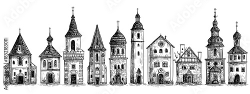Detailed Illustration of Various Ornate Towers and Historical Buildings in a Vintage Style church's