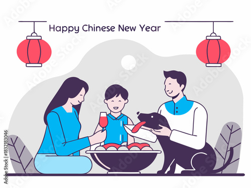 Family Celebrates Chinese New Year with Dumplings Wine and Their Dog Under Festive Lanterns Sharing Joy and Togetherness