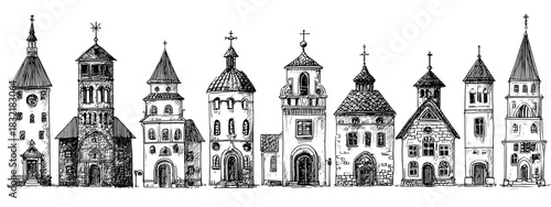 Detailed Illustration of Various Ornate Towers and Historical Buildings in a Vintage Style church's