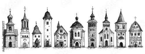 Detailed Illustration of Various Ornate Towers and Historical Buildings in a Vintage Style church's