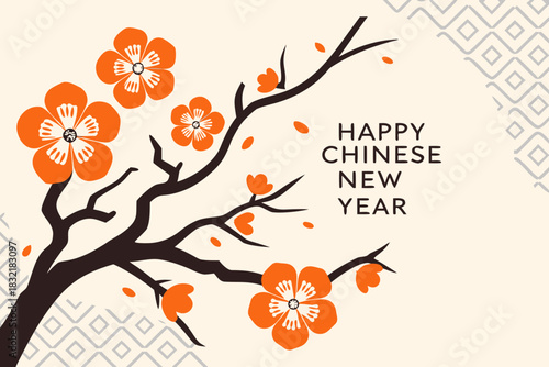 Elegant Chinese New Year Greeting with Blossoming Branch and Geometric Pattern on a Cream Background stylized