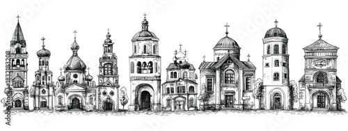 Detailed Illustration of Various Ornate Towers and Historical Buildings in a Vintage Style church's