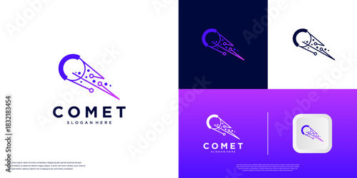 space logo with comet shape, intergalactic travel, education symbol, graphic design template.