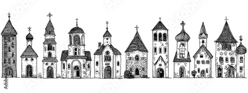 Detailed Illustration of Various Ornate Towers and Historical Buildings in a Vintage Style church's