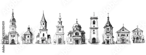Detailed Illustration of Various Ornate Towers and Historical Buildings in a Vintage Style church's