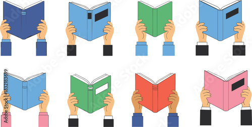 Reading books, hands holding book icons, education collection, colored covers, library symbols, knowledge design assets, student concepts, white background vector illustrations