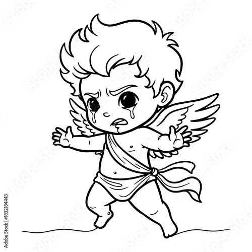 Sad crying Cupid character walking with open arms funny little angel with tears hand drawn vector illustration for Valentines Day