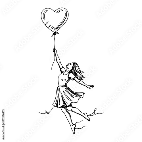Hand drawn young girl flying with heart shaped balloon vector illustration showing happy woman floating in air for romantic freedom design