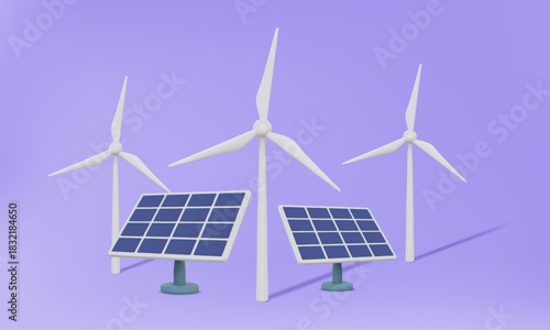 3D vector Wind turbine with solar panel conservation environment renewable alternative electricity generation concept on pastel background. Minimal cartoon style. illustration design