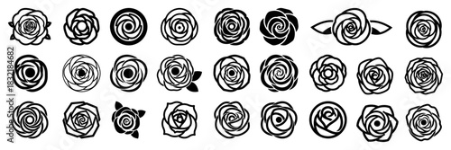 Set of stylized rose flower icons vector illustration with various black floral symbols and rosettes for wedding or tattoo design