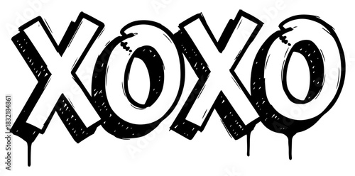 Graffiti style XOXO lettering with paint drips handwritten hugs and kisses phrase vector illustration for urban streetwear or Valentine design