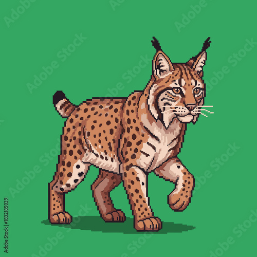 A detailed pixel art illustration of a walking lynx with spotted fur and tufted ears on a solid green background.