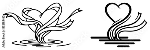 Stylized heart shaped tree with swirling ribbons growing from ground vector logo icon set