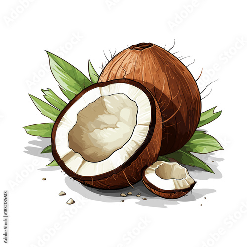 Vibrant illustration showcasing a whole and a halved fresh coconut, revealing the white flesh, accompanied by lush green leaves, perfect for tropical food and healthy lifestyle concepts