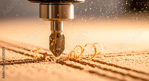 CNC Router Bit Cutting Wood with Swarf Flying