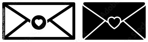 Set of black and white love letter envelopes with heart wax seal vector icon illustration for valentine message