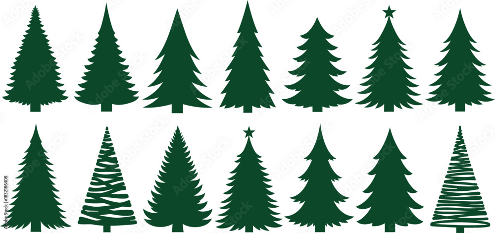 Obraz premium Set of Christmas pine fir tree silhouette shapes for the winter holiday season decorations. Decorative design elements on an isolated background.