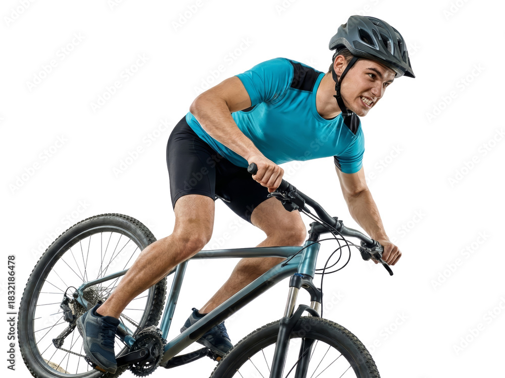 Naklejka premium Intense cyclist navigating challenging terrain with focus and determination isolated transparent