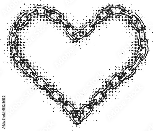 Heart chain sketch, hand drawn vector, grunge style with stipple texture. Vector illustration