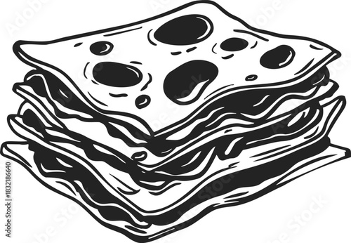 Lasagna sketch hand drawn style with layered pasta and cheese. Vector illustration