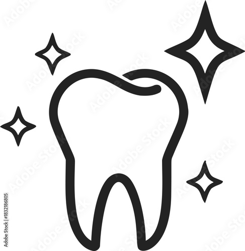 Tooth, line art hand drawn sketch with sparkle stars, dental care. Vector illustration