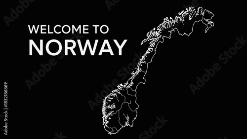Welcome to Norway text with map outline on black background.