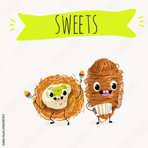 Funny Characters Turkish Traditional dessert, Kunafa, Konafa, Kanafeh, kadayif or mabroma, roll. Hand drawn vector illustration.