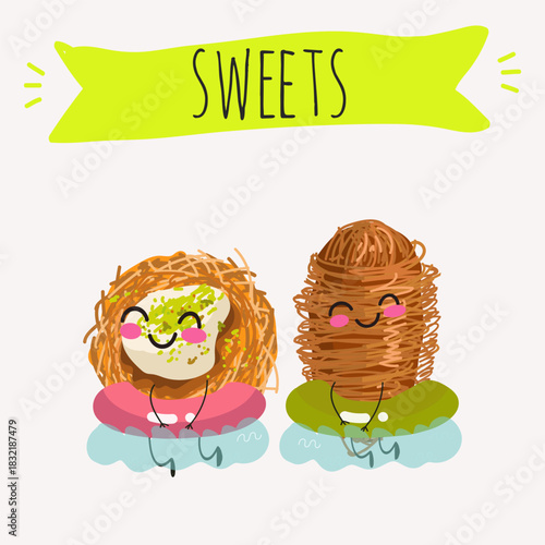 Funny Characters Turkish Traditional dessert, Kunafa, Konafa, Kanafeh, kadayif or mabroma, roll. Hand drawn vector illustration.