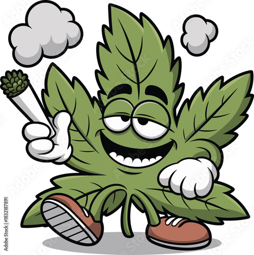 Cartoon cannabis leaf character sitting relaxed, holding a smoking joint with humorous expression, illustrated marijuana concept for art, design, and education