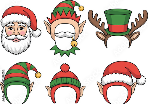 Christmas photo booth props set with Santa face, elf hats, reindeer antlers, festive costume accessories for holiday parties and winter celebrations