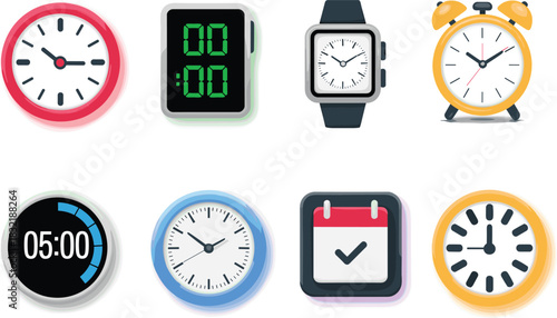 Collection of minimalist clock and calendar icons showing analog, digital, alarm and smartwatch designs for time management, scheduling and reminder concepts