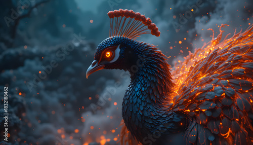 Portrait of Peacock with lava and fire feathers looking furiously, Side View with Smoke Behind as a Background