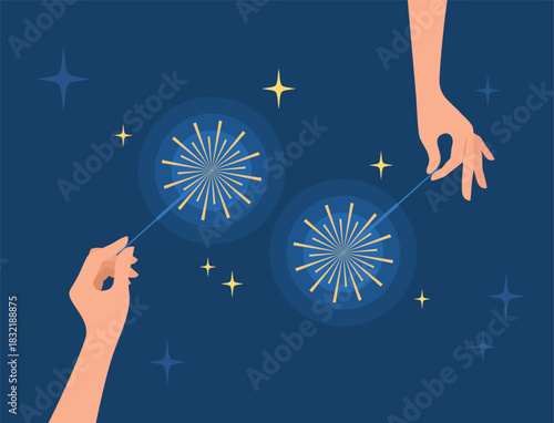 Two hands holding burning sparklers on a dark blue background, flat vector illustration