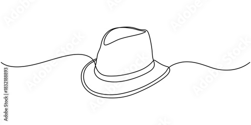 One line art cowboy hat - Minimalist continuous line drawing of western style hat vector illustration, Continuous one line drawing of men hat, Single line drawing of cowboy hat, Vector continuous one