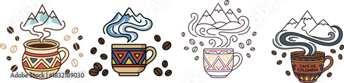 Four colorful hand drawn mugs with coffee beans and steam designs