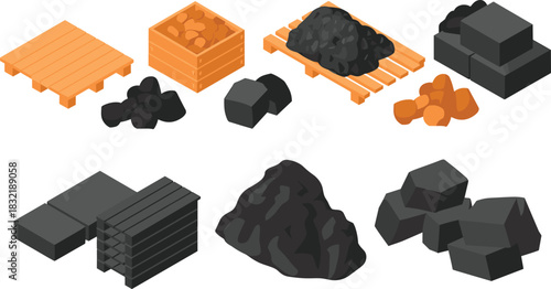 Isometric illustration of coal, mineral blocks, ore piles, construction materials and pallets, industrial resources for mining, manufacturing, logistics and production design