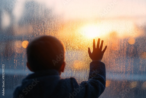 A child gazes outside at a vibrant sunset while on a bus