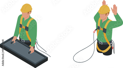 Isometric illustration of construction workers wearing safety harness equipment, practicing fall protection, handling materials and demonstrating proper workplace safety procedures