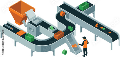 Isometric illustration of industrial conveyor belt system with worker sorting products, automated manufacturing process, factory production line and material handling equipment