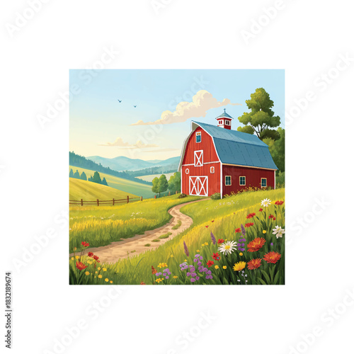 rural landscape with wheat field and barn