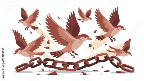 Birds Breaking Free: Symbol of Freedom and Liberation from Chains, a Conceptual Illustration for Hope and Independence on White Background
