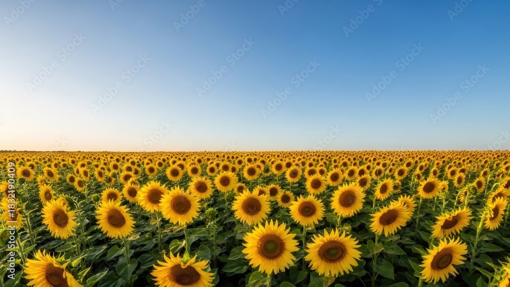Fototapeta premium Panoramic view of a vast sunflower field under a clear blue sky, illustrating agriculture, nature, and the beauty of summer for peaceful background.