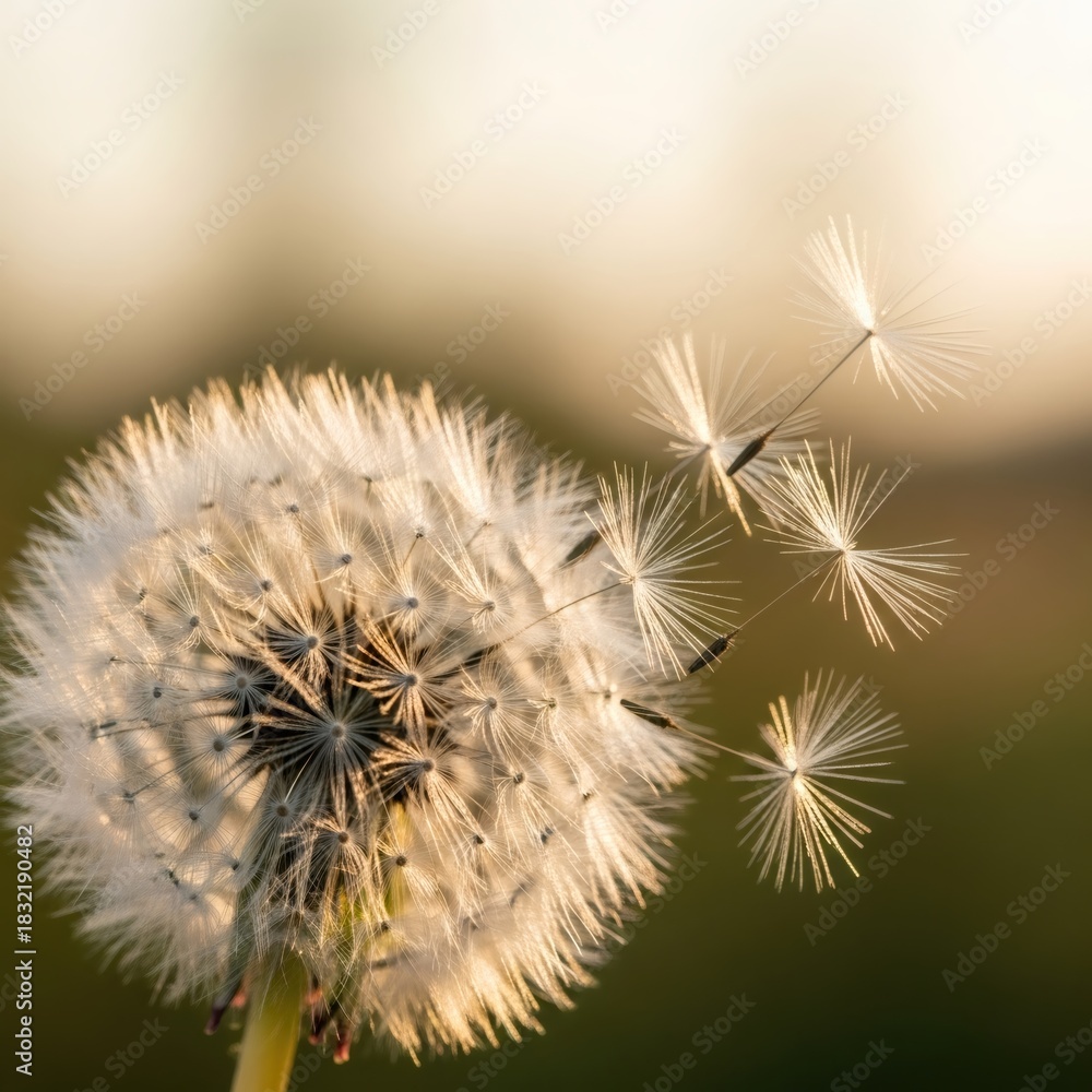 Fototapeta premium Dandelion seed dispersal in sunny field. Macro close-up of a dandelion releasing seeds. Nature and growth concept for spring.