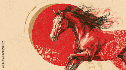 Graceful horse painted in Asian ink brush style, red and gold Lunar New Year aesthetics, traditional patterns, minimal elegant composition, New Year 2026 banner