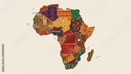 Africa Map with Traditional Patterns: Cultural Diversity and Heritage of the African Continent Depicted Through Vibrant and Unique Tribal Designs in Earth Tones.