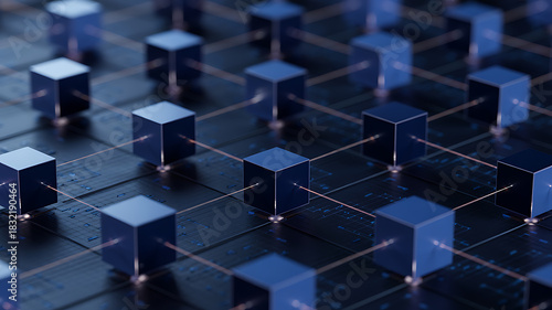 Connected blue cubes represent modern digital network