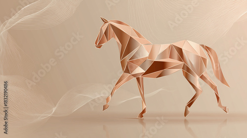 Minimalistic geometric horse silhouette made of clean metallic shapes, soft gradients, abstract background with subtle lines, modern New Year 2026 banner, premium design, high clar