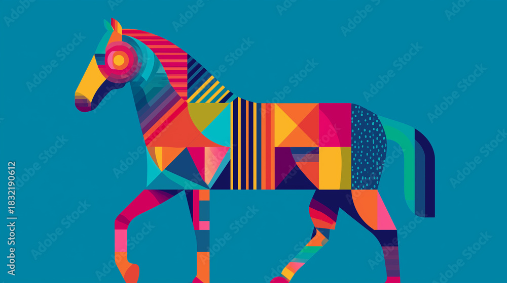 Obraz premium Playful yet professional geometric horse created from simple shapes and bold modern colors, startup design language, minimal layout, clean 2026 typography, advertising-ready compos