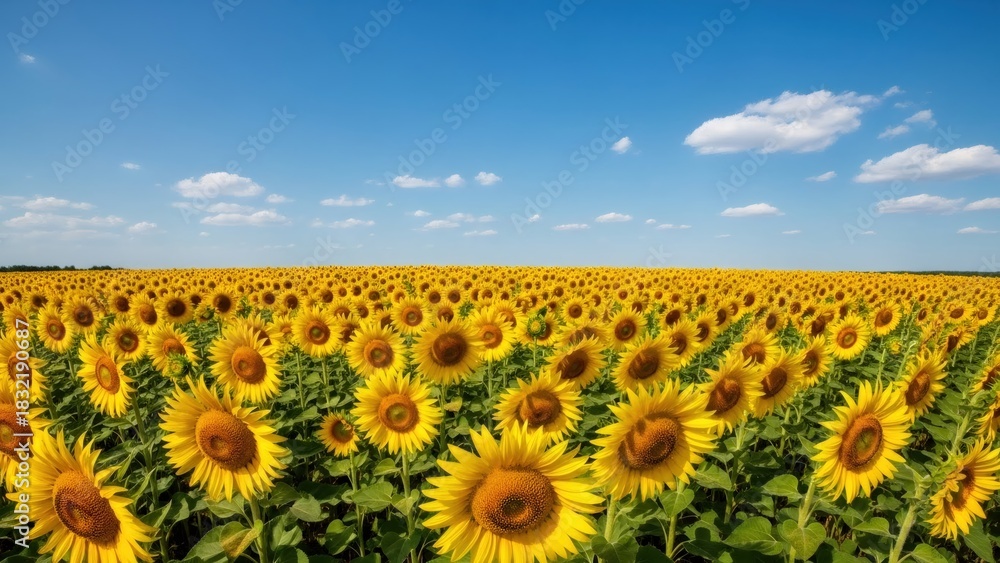 Fototapeta premium Vast field of bright yellow sunflowers under a clear blue sky, demonstrating natures beauty and agricultural bounty, perfect for summer themes.