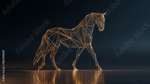 Golden wireframe horse silhouette, minimalistic dark background, subtle reflections, premium geometric aesthetic, stylish New Year 2026 banner